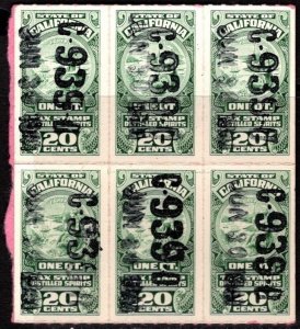 1940 California Revenue 20 Cents 1 Qt. Distilled Spirits Tax Stamps Block/6 Used