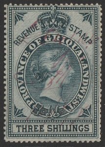 GRIQUALAND 1879 QV Revenue 3/- blue. Very rare value.