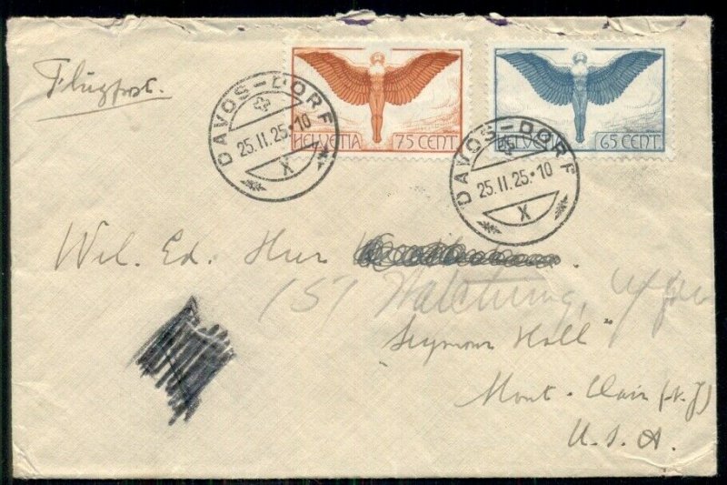 SWITZERLAND 1925, 65c + 75c Airmails tied on cover to U.S., VF