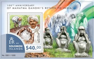 SOLOMON IS. - 2015 - Gandhi Returns to India - Perf Souv Sheet-Mint Never Hinged