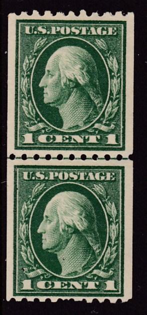 United States 1914 Scott 441 Coil Line Pair Perf. 1cent grn Washington10 F/VF/NH