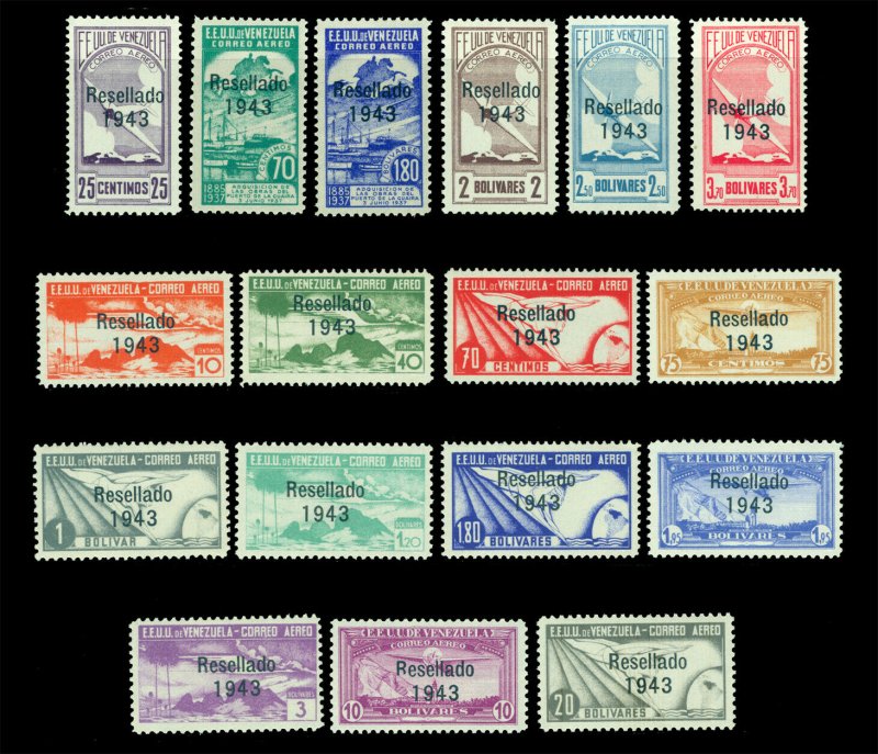 VENEZUELA 1943 AIRMAIL - RESELLADO 1943 overprinted set Sc# C164-C180 mint MNH