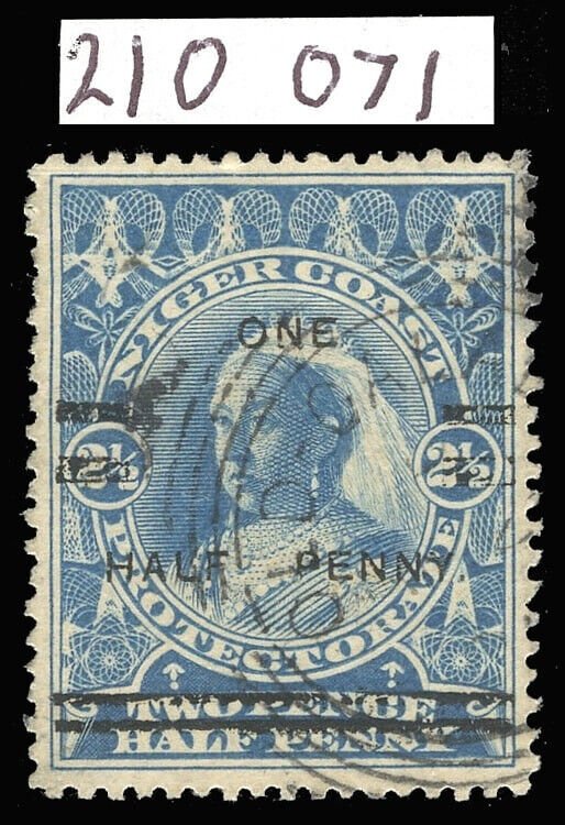 Niger Coast 1894 QV ½d on 2½d blue Position #6 OLD CALABAR pmk VFU. SG 65.