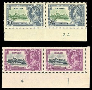 Ceylon 1935 KGV Silver Jubilee 9c PLATE 2A and 50c PLATE 1 pair MNH. SG 380,382.