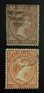 MOMEN: FALKLAND ISLANDS SG #1 2 SHADES 1878-9 NO WMK USED £850 LOT #63035