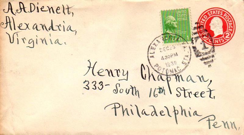 United States Virginia Potomac Sta. Alexandria 1939 numeral duplex  Postal St...