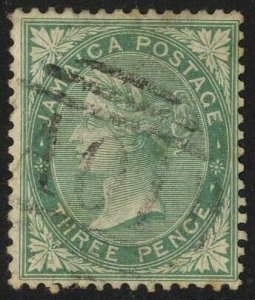 Jamaica SG10 3d Green Wmk Crown CC Fine used (tone patches) cat 11 pounds