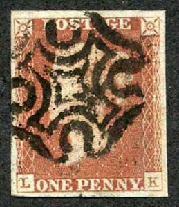 1841 Penny Red (LK) Plate 1b Fine Four Margins