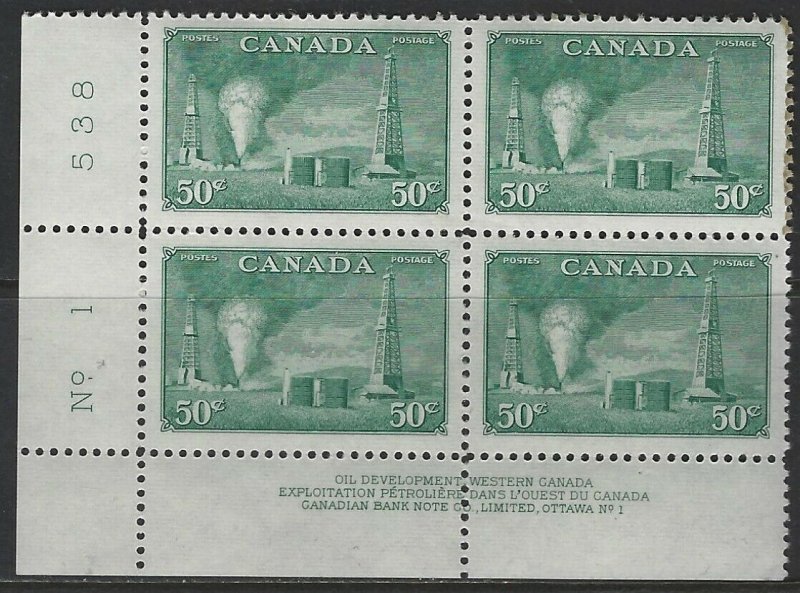 CANADA - #294 - 50c OIL WELLS LL PLATE #1 BLOCK MNH 