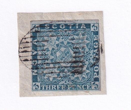 NOVA SCOTIA # 3 VF-3cts PENCE ISSUE ON PIECE SPOON CANCEL CAT VALUE $400 