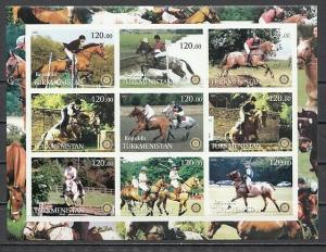 Turkmenistan, 2001 Russian Local. Equestrian Horses, on an IMPERF sheet of 9.