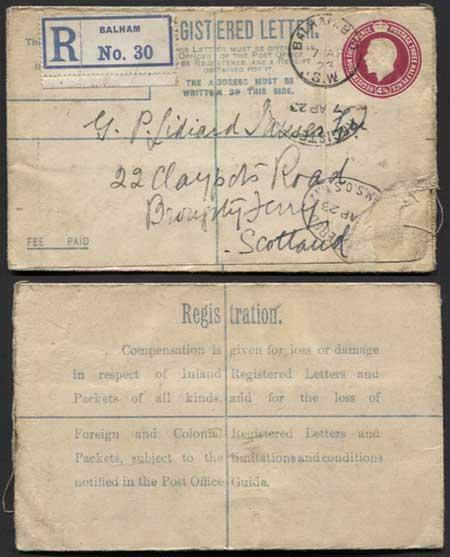 RP38 KGV 4 1/2d Puce Registered Envelope Size F Foreign and Colonial on Back Use