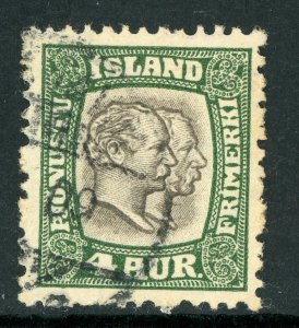 Iceland 1907 Two Kings Official 4a Green & Gray Perf 13 Scott # O32 VFU D552