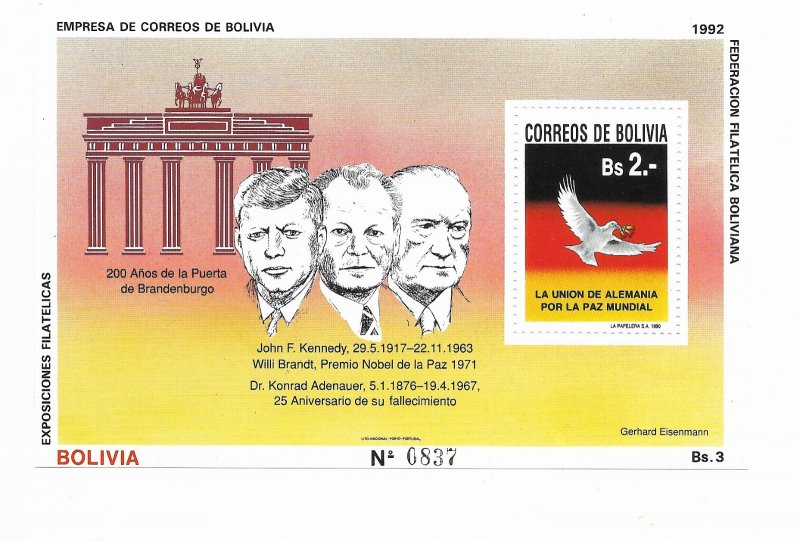 BOLIVIA 1992 GERMAN REUNIFICATION PEACE J. F. KENNEDY W. BRANDT K. ADENAUER SS