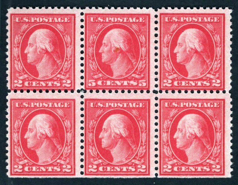 SCOTT #505 Fine OGnh 5c Perf 11 Error Block/6 with 5 2c Values SCV $625(LB 3/14) 