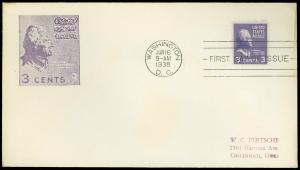 JUNE 16 1938 WASH DC CDS, A. C. ROESSLER, 3¢ PREXIE SINGLE! Scott #807 ROE-1 FDC