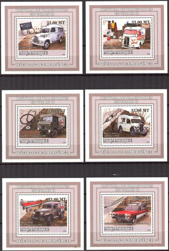 {396} Mozambique 2009 History of Special Transport Ambulance 6 S/S Deluxe MNH**