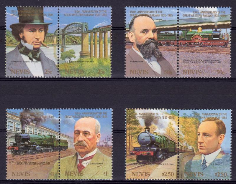 Nevis 1985 Sc#438/441 Great Western Railway Anniversary Set (4 pairs) MNH