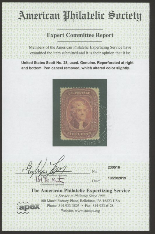 U.S. #28 USED WITH APS CERT