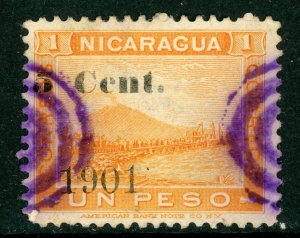 Nicaragua 1901 Momotombo 5¢ on 1 Peso Yellow Pair Sc # 146 VFU Y822