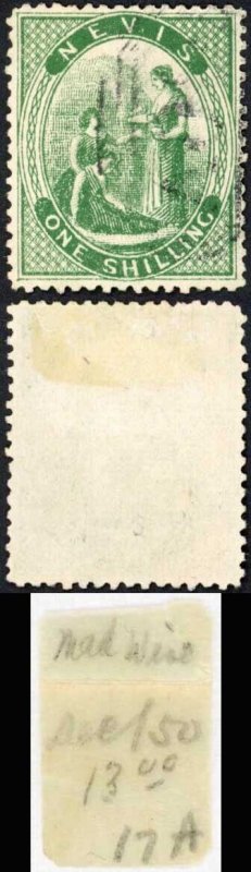 Nevis SG21 1/- Deep Green Litho Fine used Cat 160 pounds