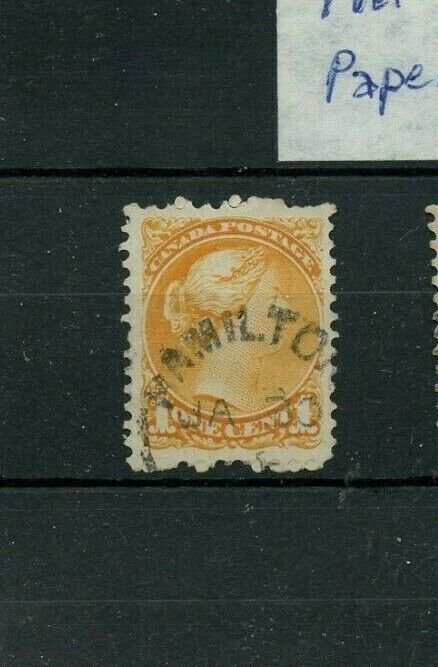 THICK PAPER 1 cent Small Queen yellow orange VF Cat $400, Canada used 