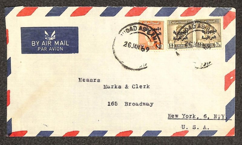 IRAQ 189 (x2) & 204 STAMPS MARKS & CLERK BAGHDAD TO NY AIRMAIL COVER 1959