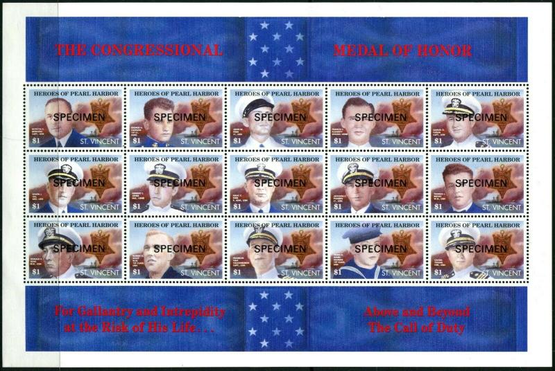 ST. Vincent SPECIMEN Heroes of Pearl Harbor Souvenir Sheet Medal of Honor MNH