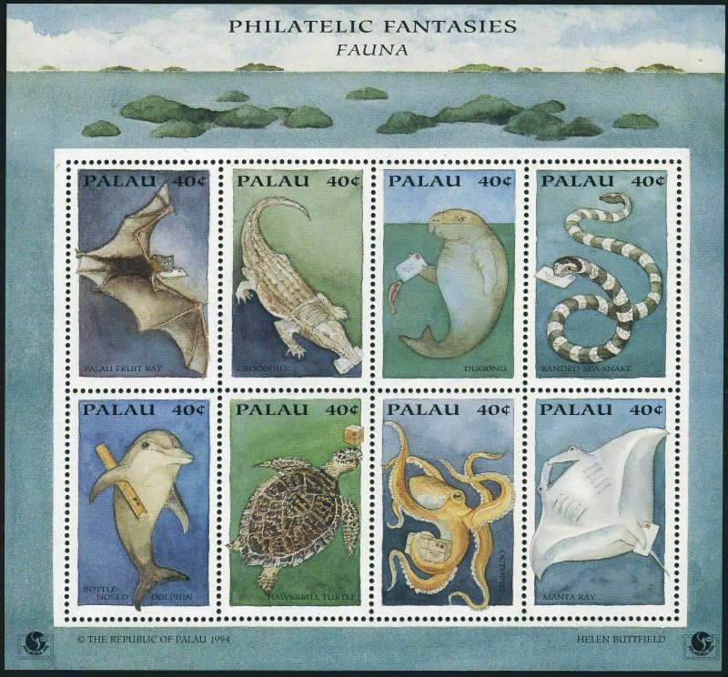 Palau 334-336 sheets,MNH. PHILAKOREA-1994,Birds,Fish,Turtle,Crocodile,Dolphin,