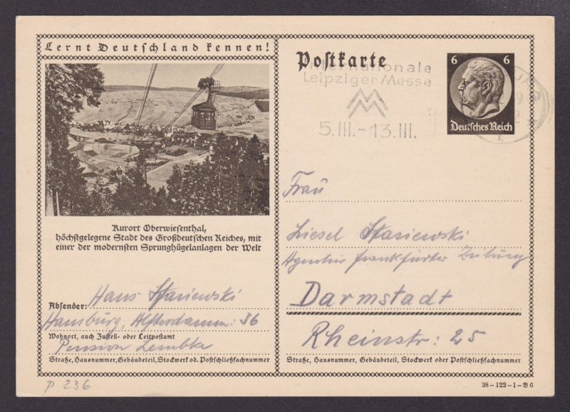 GERMANY 1934, Pre-stamped postcard Mi #P236, Kurort Oberwiesenthal, Posted