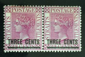 MALAYA Straits Settlements 1885 QV THREE CENTS on 32c PAIR MH SG#83a M3512