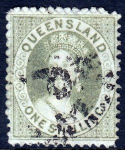 QUEENSLAND — SCOTT 30 (SG 71) — 1868 1/- QV GRN. GRAY SHORT STAR — MH — SCV $175