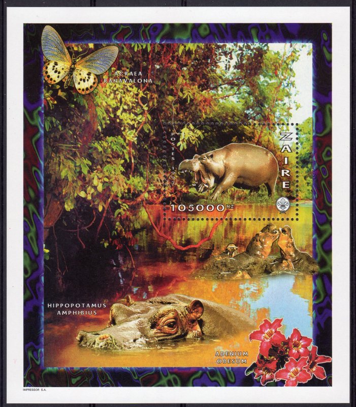 Zaire 1997 Mi#Bl.75A  Hippo/Butterflies/Flowers Souvenir Sheet (1) MNH