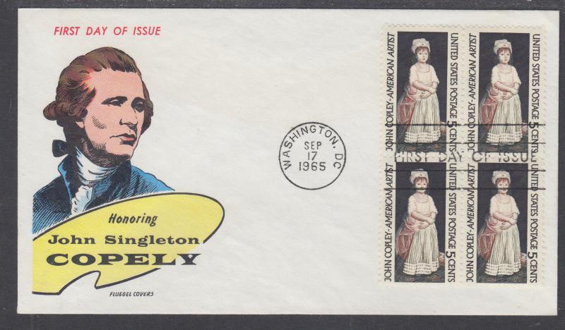 US Mel 1273-14 FDC. 1965 John Singleton Copely, Block of 4, Fluegel Color Cachet