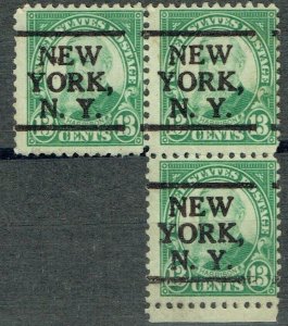 1926 13c Harrison blk of 3 f/ NEW YORK, NY (622-L-6) precancel. elusive type!