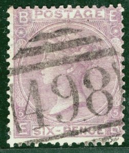 GB QV Stamp SG.97 6d Lilac Plate 5 (1865) Manchester Numeral Used c£140+ RED97