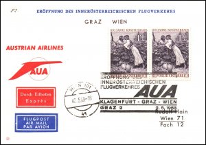 Austria Austrian Airlines KInnsbruck to Vienna 1963 1st Flight Cover