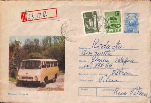 Romania PSE prepaid envelope used 1975 Romanian bus TV Microbus cars