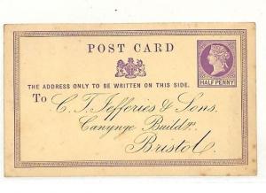 GB 1870 EARLY COMMERCIAL REPLY POSTCARD Bristol Note Printed Return Address AC78