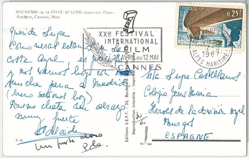 CINEMA --  FRANCE -  POSTAL HISTORY -  SPECIAL postmark on POSTCARD 1967 Cannes