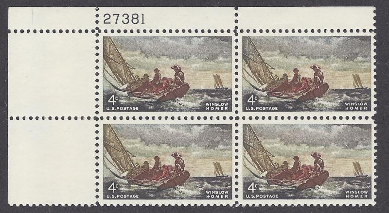 1207 Plate block 4 cent  - Winslow Homer Artist =Breezin up=