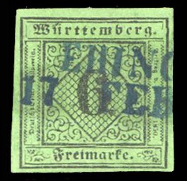 German States, Wurttemberg #4 Cat$32.50, 1861 6kr black on yellow green, used