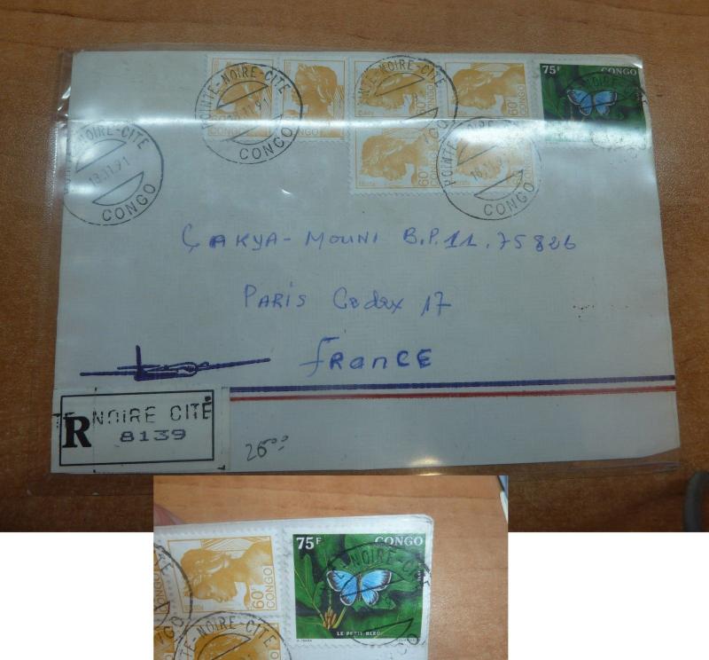 Congo 75F butterfly on 1991 A/M Reg cover Pt Noire Cite to France (28bee)