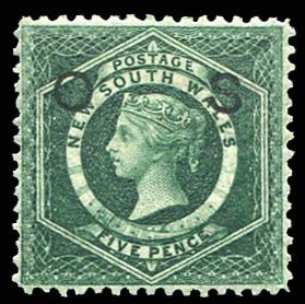 New South Wales #O16a Cat$250, 1881 5p dark green, perf. 12, hinged, with 199...