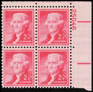 US #1033 JEFFERSON MNH UR PLATE BLOCK #25046