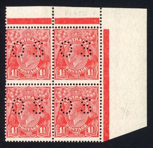 Australia 1926-30 SG O100 1 1/2d scarlet P 13 1/2 x 12 1/2 Plate 1 mint block o