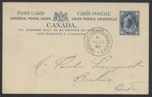 1898 RPO Postmark Toronto St Marys & LondonRyPO/. On #P22 2c Blue Leaf UPU Card