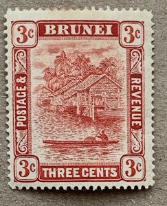 Brunei 1908 3c carmine double plate, unused.  Scott 18, CV $8.00. SG 37