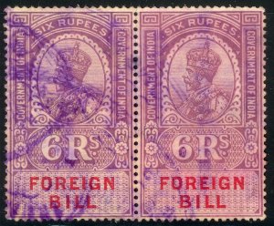 INDIA 1923 KGV 6R FOREIGN BILL Revenue BFT. 50 PAIR USED