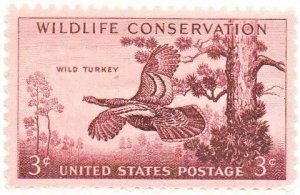 1956 Wildlife Conservation Wild Turkey Single 3c Postage Stamp, Sc# 1077, MNH,OG